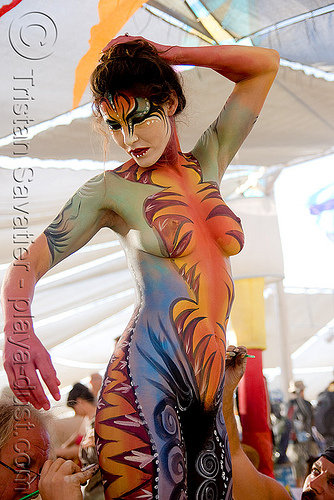 body paint - girl - burning man 2008, Body Painting, burning man festival, Center Camp, topless woman