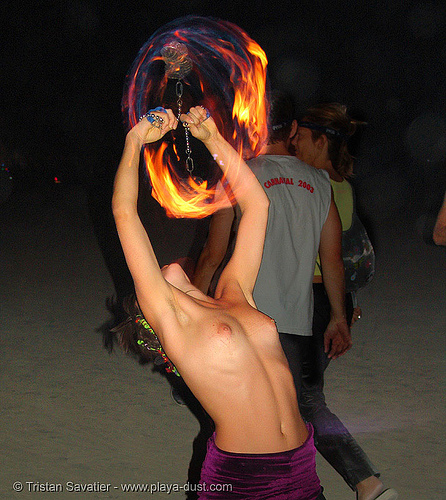 fire dancer decon - performance art - poi - breasts - burning-man 2005