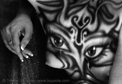 airbrush body-paint with eyes, airbrush, anon salon, body art, body paint, body painting, brittany, clay chollar, davina suicide, eyes, hand, skinflix, topless, woman