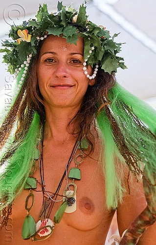 biblical eve, attire, burning man outfit, crown, eve, green wig, headdress, leaves, maude, necklaces, topless, woman