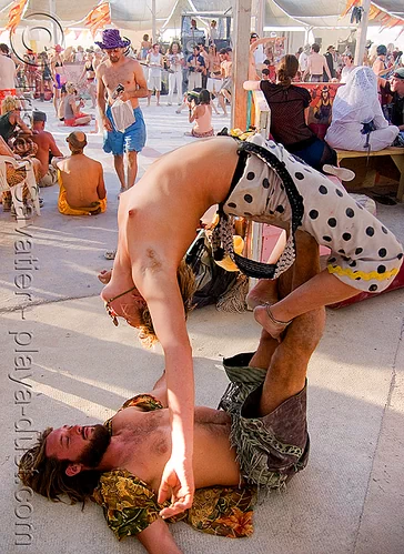burning man - acro yoga - gabrielle, acro yoga, topless, woman