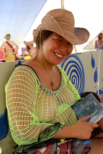 burning man - jeannie, attire, burning man outfit, fishnet clothing, fishnet top, jeannie, straw hat, woman