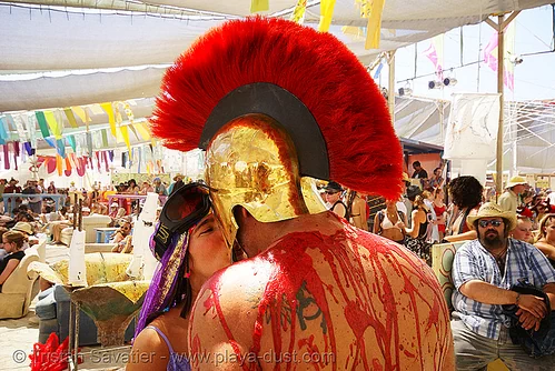 burning man - leonidas, attire, burning man outfit, costume, fake blood, leonidas, red, stage blood, theatrical blood, theatrical helmet, warrior