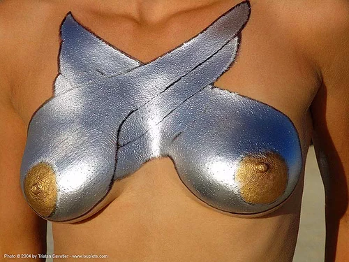 burning man - painted breasts - silver body painting, body art, body paint, body painting, topless, woman