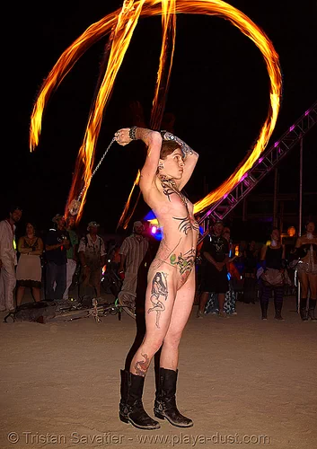 burning man - spinning fire poi - tattoos - girl, burning man at night, fire dancer, fire dancing, fire performer, fire poi, fire spinning, nude, spinning fire, tattooed, tattoos, topless, woman