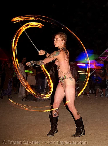burning man - spinning fire poi - tattoos - woman, burning man at night, fire dancer, fire dancing, fire performer, fire poi, fire spinning, nude, spinning fire, tattooed, tattoos, topless, woman