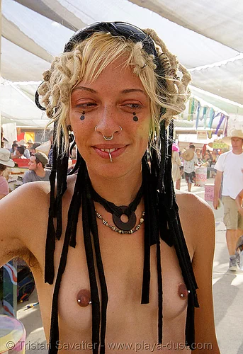 burning man - teresa in center camp, body jewelry, nipple piercing, nose piercing, nostril piercing, septum piercing, topless, woman
