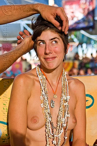 burning man - woman with seashell necklaces, cathryn, seashell necklaces, topless, woman