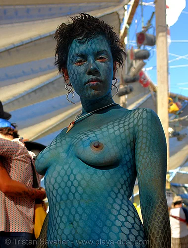 kirstin with blue snake-like body paint - stencil airbrush - burning man 2006, airbrush stencil, blue, body art, body paint, body painting, topless, woman