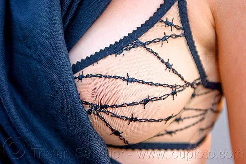 sheer bra - folsom street fair (san francisco), agent provocateur, barb wire, barbed wire, fashion, lace bra, lingerie, sheer, underwear, woman