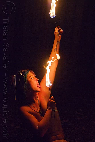 topless fire dancer, arm tattoo, fire dancer, fire dancing, fire performer, fire spinning, fire wicks, haley, necklaces, night, tattooed, tattoos, topless, woman