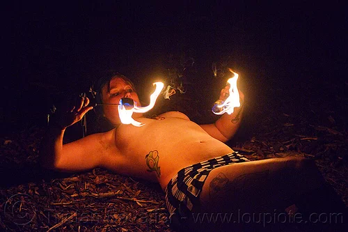 topless fire dancer, fire dancer, fire dancing, fire performer, fire spinning, fire wicks, haley, hip tattoo, night, tattooed, tattoos, topless, woman