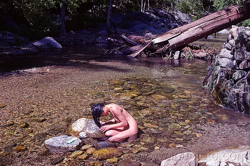 woman bathing in river, bath, bathing, big sur river, hiking, hot springs, nude, pine ridge trail, rocks, soap bar, sykes hot spings, topless, tree trunk, trekking, vantana wilderness, woman