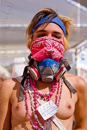 woman with bandanna and dust mask, attire, burning man outfit, dog tag, dust mask, headband, melissa, msa respirator, necklaces, pink bandana, topless, woman