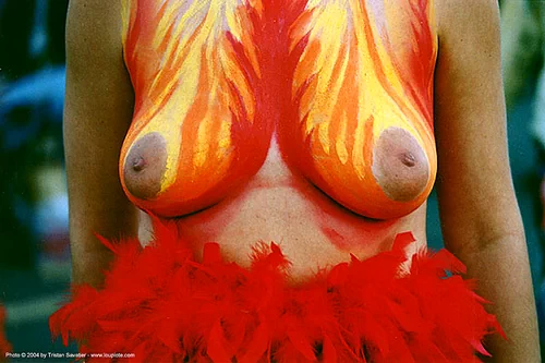 woman with fire-breasts body painting - burning man decompression (san francisco), body art, body paint, body painting, fiery, fire, topless, woman